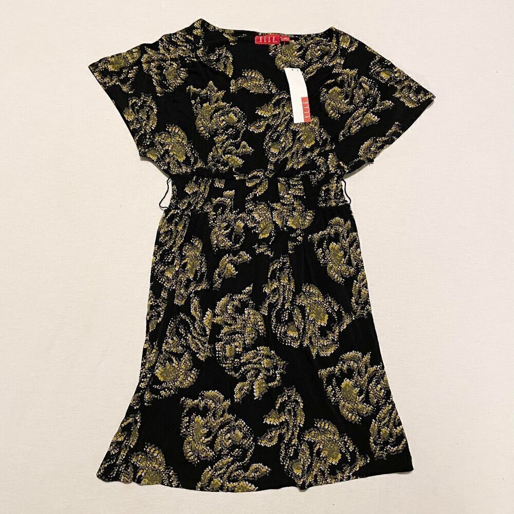 Elle Black Gold Floral Dress Womens Size XS Stretchy Party Dress